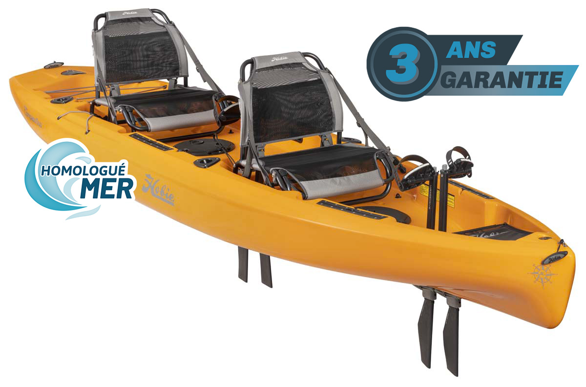 Kayak de pêche à propulsion homologué mer Hobie Mirage Compass Duo couleur orange papaye vue de 3 quart homologué CE kayak double 2 places Tandem garantie 3 ans propulsekayak