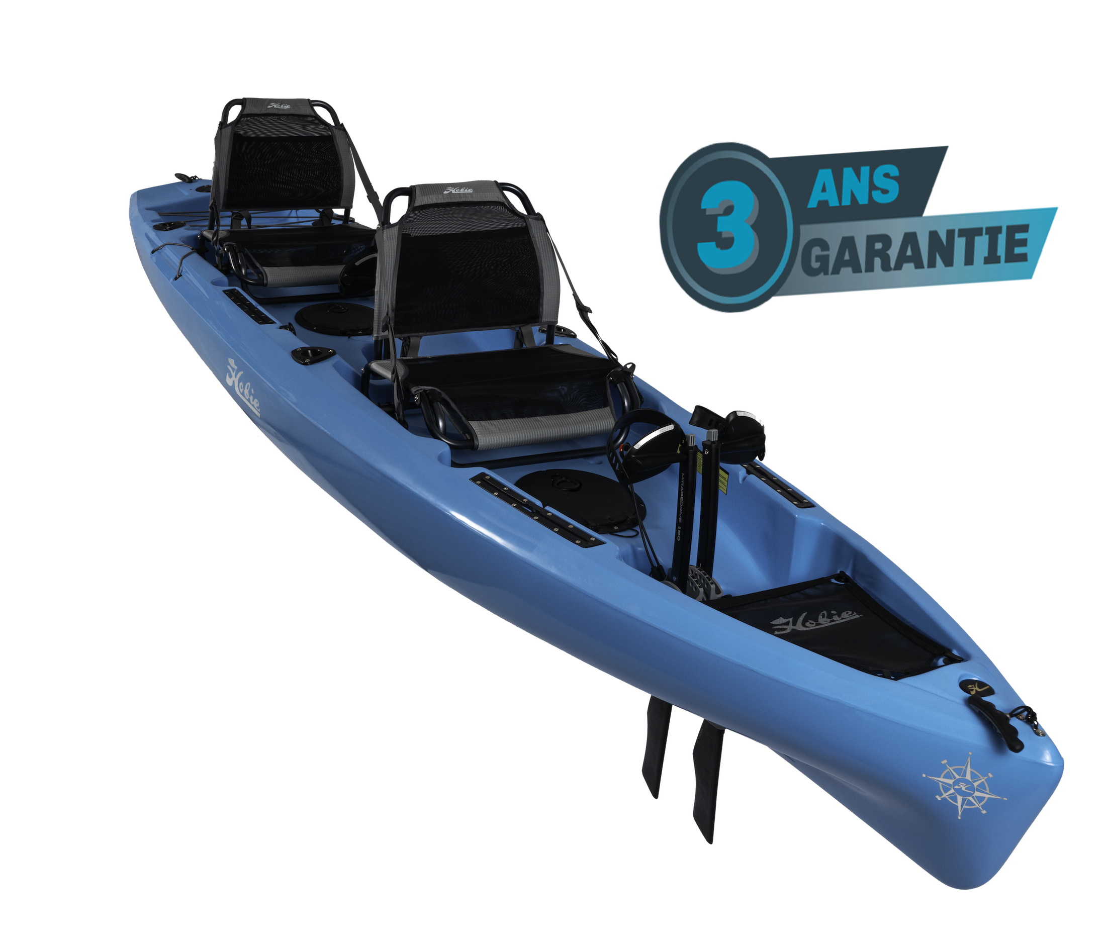 Kayak de pêche à propulsion homologué mer Hobie Mirage Compass duo couleur b leu glacier vue de 3/4 homologué CE