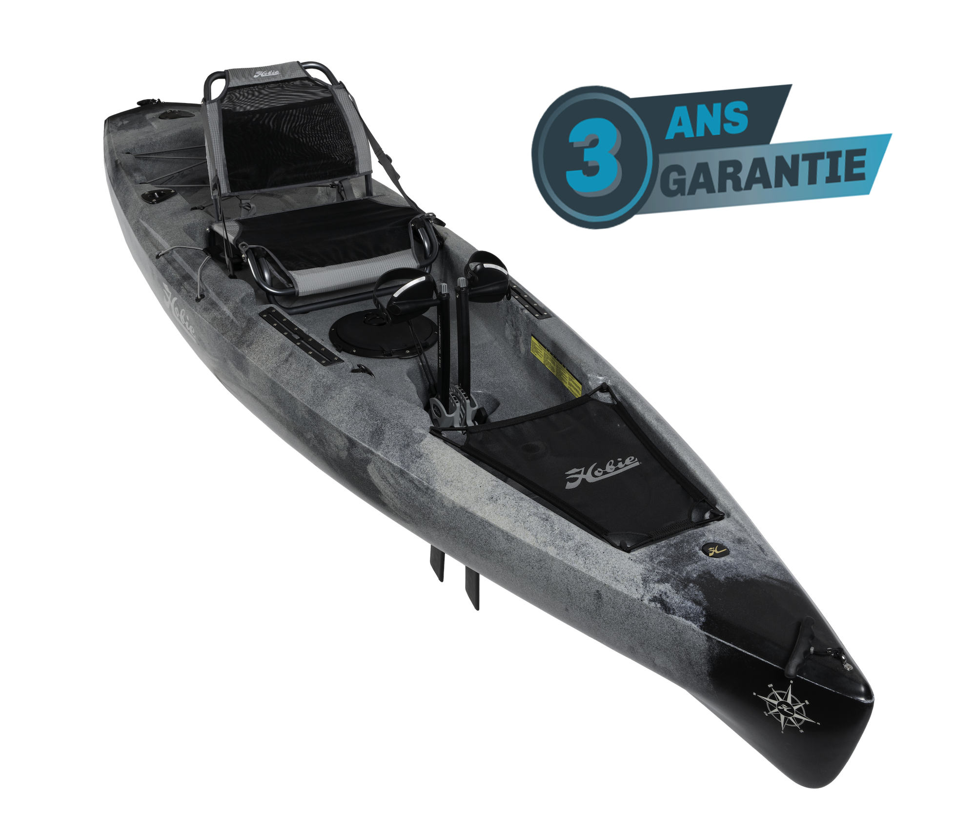 Kayak de pêche à propulsion homologué mer Hobie Compass couleur dune camo vue de 3/4 homologué CE