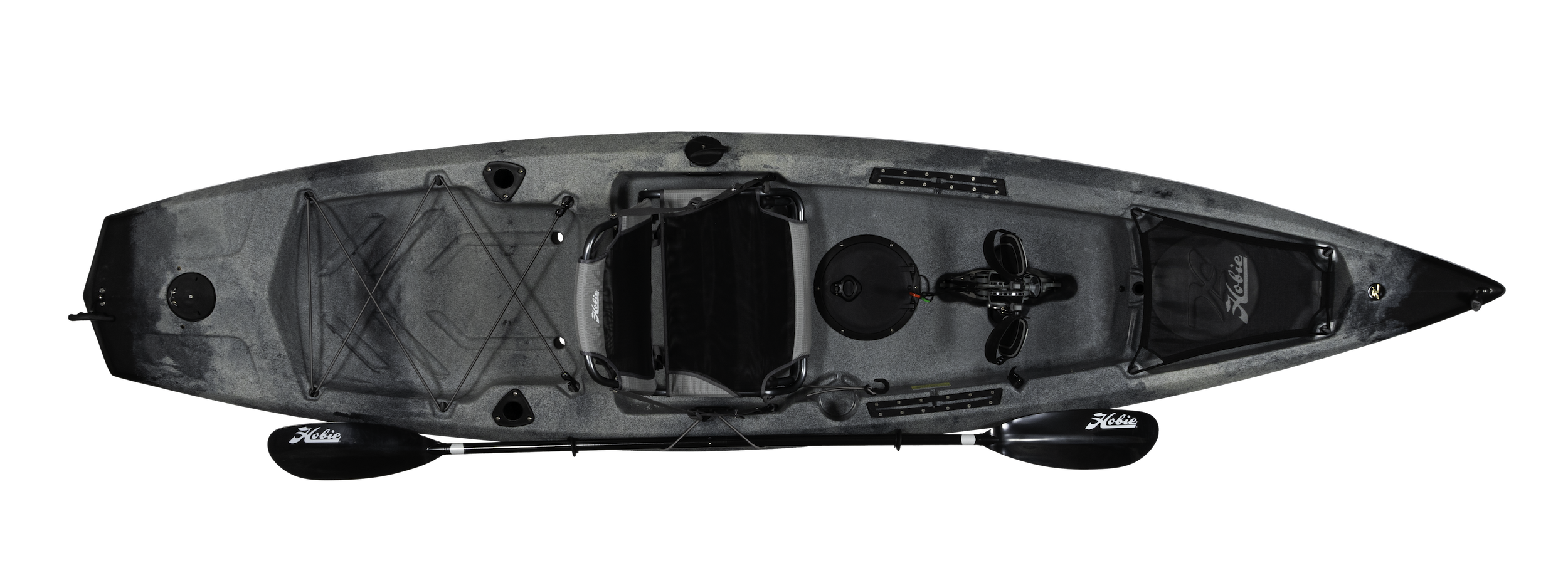 Kayak de pêche à propulsion homologué mer Hobie Mirage Compass couleur dune camo vue de dessus homologué CE