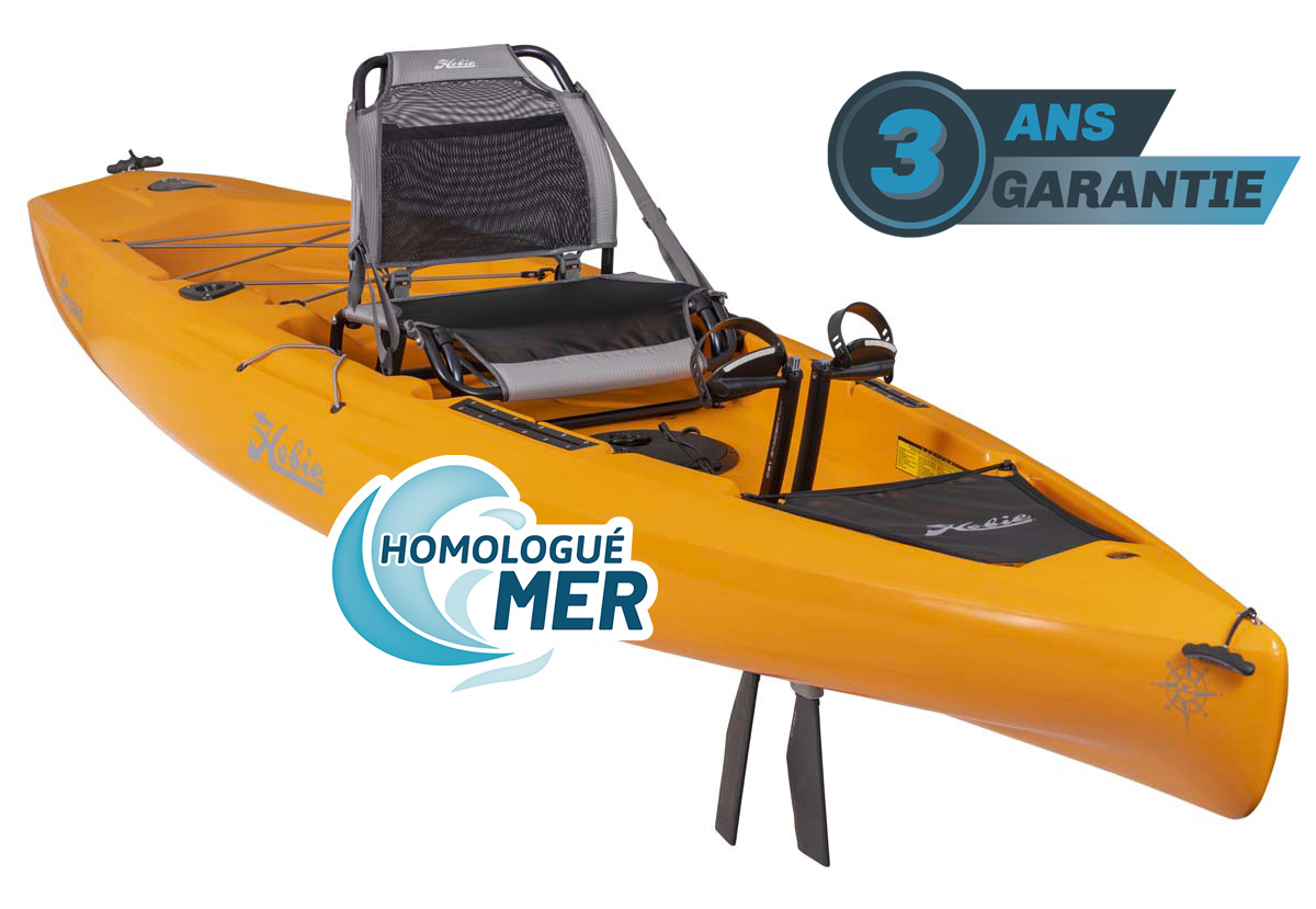 Kayak de pêche à propulsion homologué mer Hobie Mirage Compass couleur orange papaye vue de 3 quart homologué CE garantie 3 ans propulsekayak