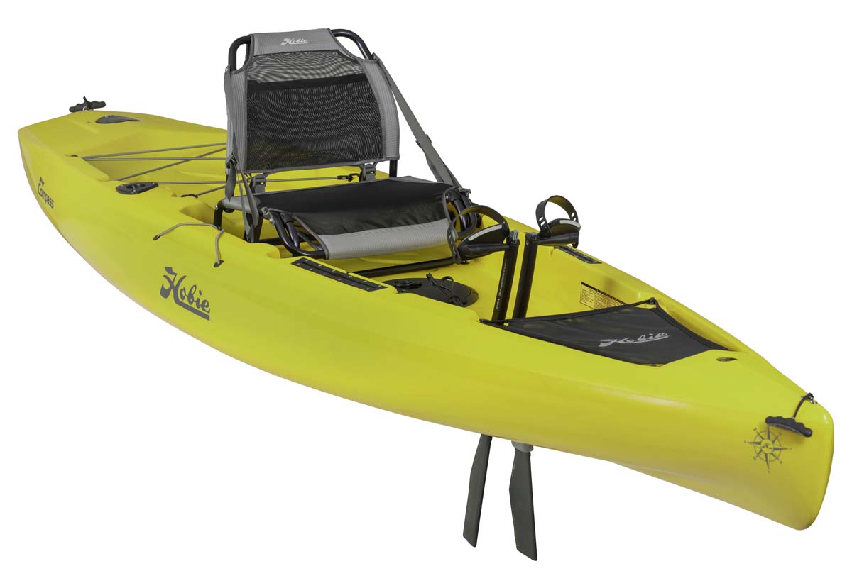 Kayak de pêche à propulsion homologué mer et CE Hobie Mirage Compass vert seagrass vue de 3/4