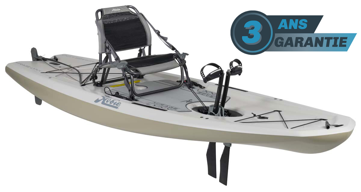 Kayak de pêche et loisir à propulsion qui ressemble à un paddle Hobie Mirage Lynx de couleur Dune homologué CE vue de 3/4 garantie 3 ans propulsekayak