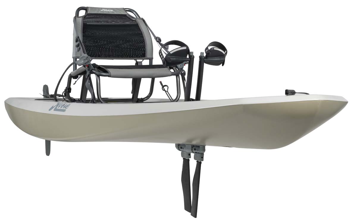 Kayak de pêche et loisir à propulsion qui ressemble à un paddle Hobie Mirage Lynx de couleur Dune homologué CE vue de 3/4 inférieur