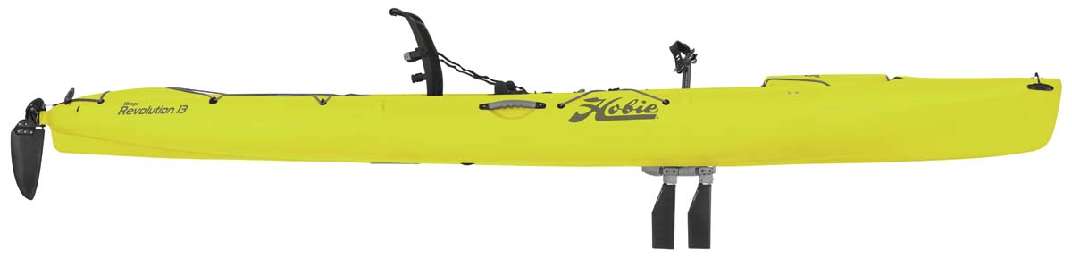 Kayak de pêche et loisir à propulsion homologué mer et CE Hobie Mirage Révolution_13 couleur vert seagrass vue de côté