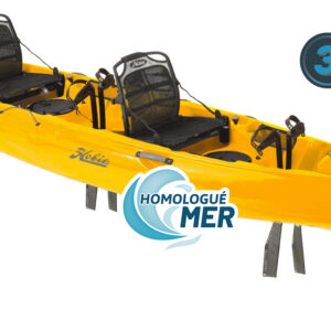 Kayak de pêche et loisir à propulsion homologué mer et CE Hobie Mirage Oasis couleur orange papaye vue de 3/4 kayak double bi-places 2 places 2 personnes Tandem garantie 3 ans propulsekayak
