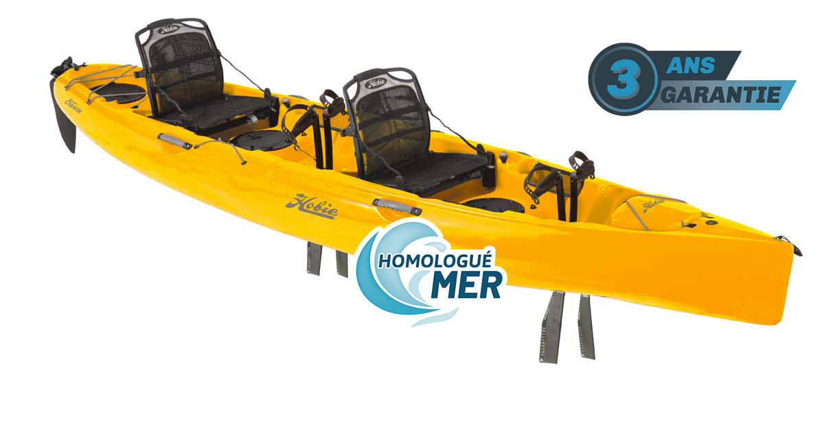 Kayak de pêche et loisir à propulsion homologué mer et CE Hobie Mirage Oasis couleur orange papaye vue de 3/4 kayak double bi-places 2 places 2 personnes Tandem garantie 3 ans propulsekayak