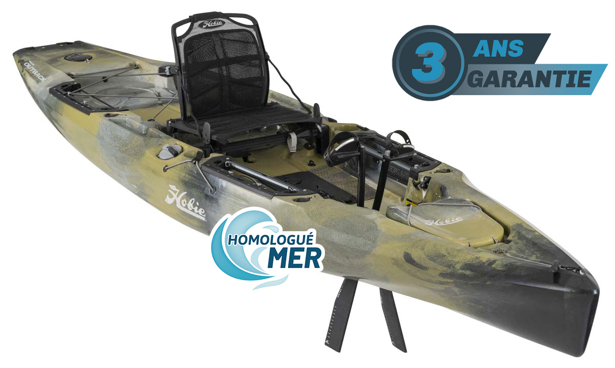 Kayak de pêche à propulsion homologué mer et CE Hobie Mirage Outback de couleur camo vert vue de 3/4 garantie 3 ans propulsekayak