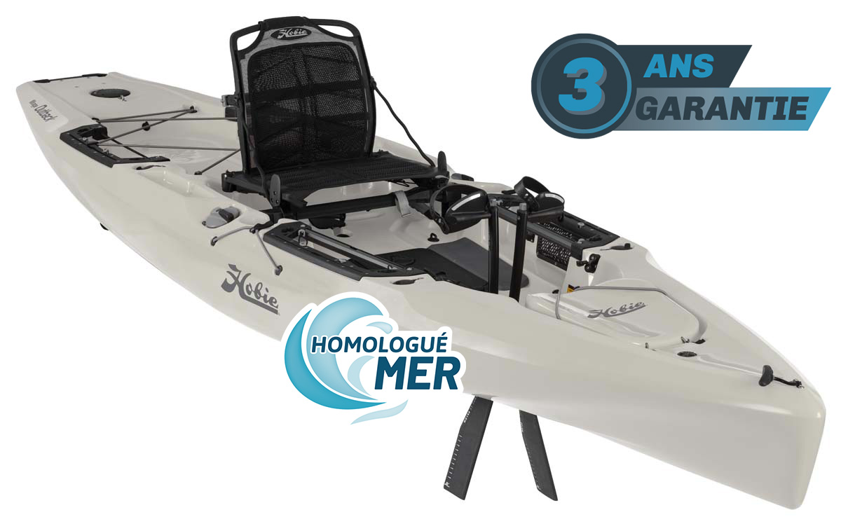 Kayak de pêche à propulsion homologué mer et CE Hobie Mirage Outback de couleur Dune vue de 3/4 garantie 3 ans propulsekayak
