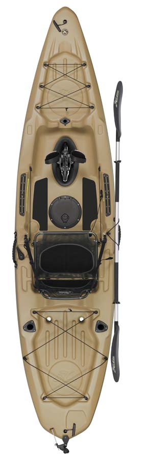 Kayak de pêche et loisir à propulsion homologué CE pour la rivière et les lacs eau douce Hobie Mirage Passport 12 de couleur marron bay sand vue de dessus