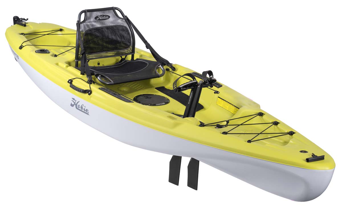 Kayak de pêche et loisir à propulsion homologué CE pour la rivière et les lacs eau douce Hobie Mirage Passport 12 de couleur vert seagrass vue de 3/4