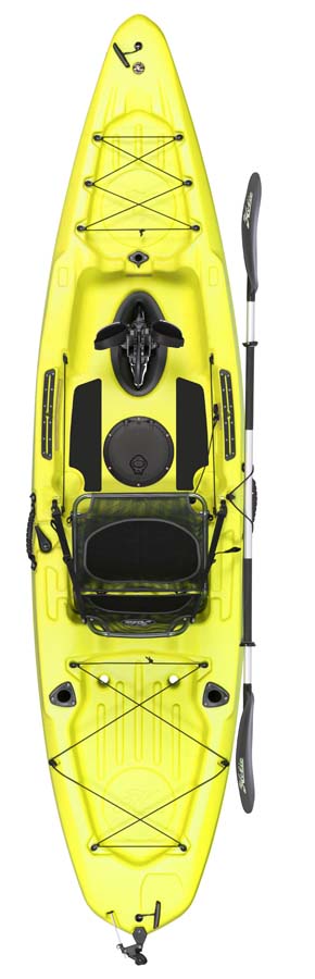 Kayak de pêche et loisir à propulsion homologué CE pour la rivière et les lacs eau douce Hobie Mirage Passport 12 de couleur vert seagrass vue de dessus