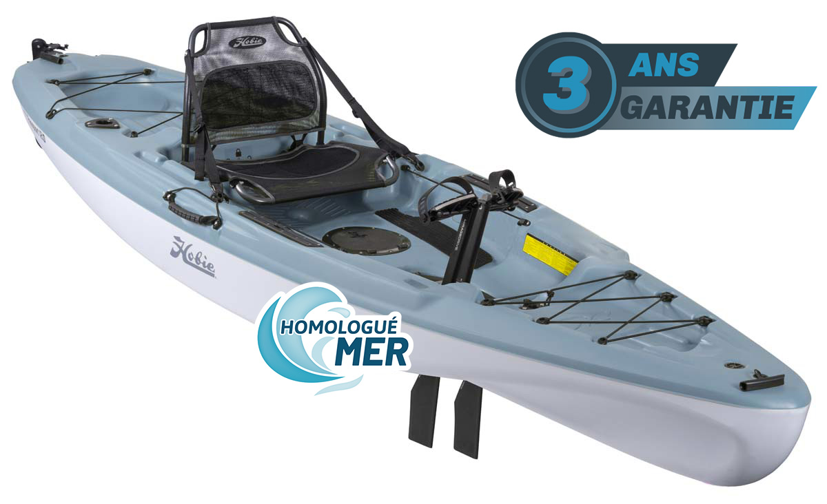 Kayak de pêche et loisir à propulsion homologué CE pour la rivière et les lacs eau douce Hobie Mirage Passport 12 de couleur bleu ardoise slate vue de 3/4 garantie 3 ans propulsekayak