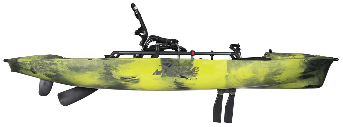 Kayak de pêche à propulsion homologué mer et CE Hobie Mirage ProAngler 12 360 de couleur camouflage vert amazone vue de côté