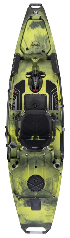 Kayak de pêche à propulsion homologué mer et CE Hobie Mirage ProAngler 12 360 de couleur camouflage vert amazone vue de dessus