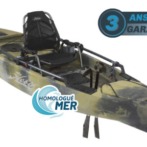 Kayak de pêche à propulsion homologué mer et CE Hobie Mirage ProAngler 12 de couleur camouflage vert vue de 3/4 garantie 3 ans propulsekayak