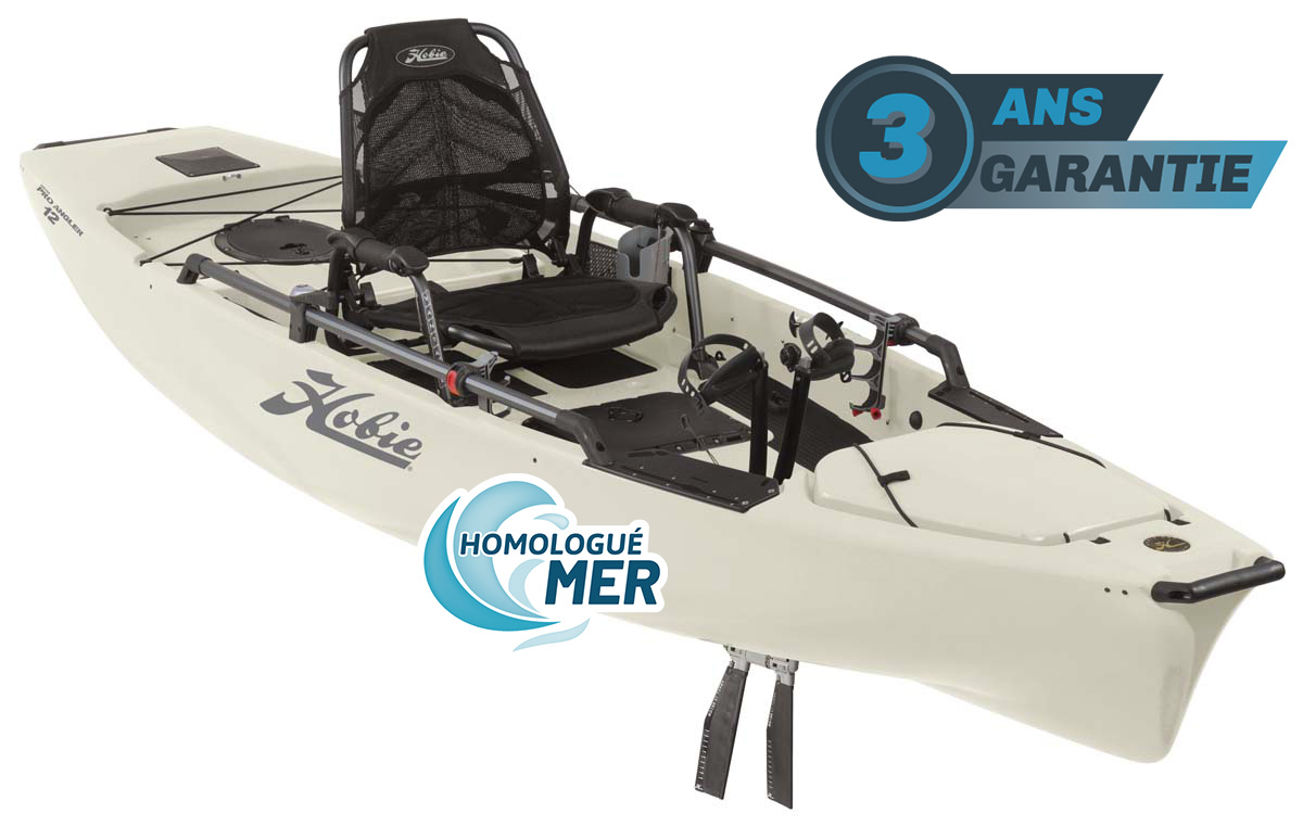 Kayak de pêche à propulsion homologué mer et CE Hobie Mirage ProAngler 12 de couleur Dune vue de 3/4 garantie 3 ans propulsekayak