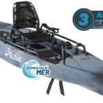 Kayak de pêche à propulsion homologué mer et CE Hobie Mirage ProAngler 14 360 de couleur camouflage bleu artic vue de 3/4 garantie 3 ans propulsekayak