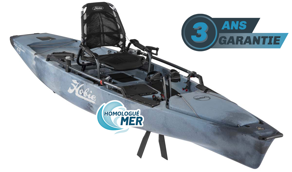 Kayak de pêche à propulsion homologué mer et CE Hobie Mirage ProAngler 14 360 de couleur camouflage bleu artic vue de 3/4 garantie 3 ans propulsekayak