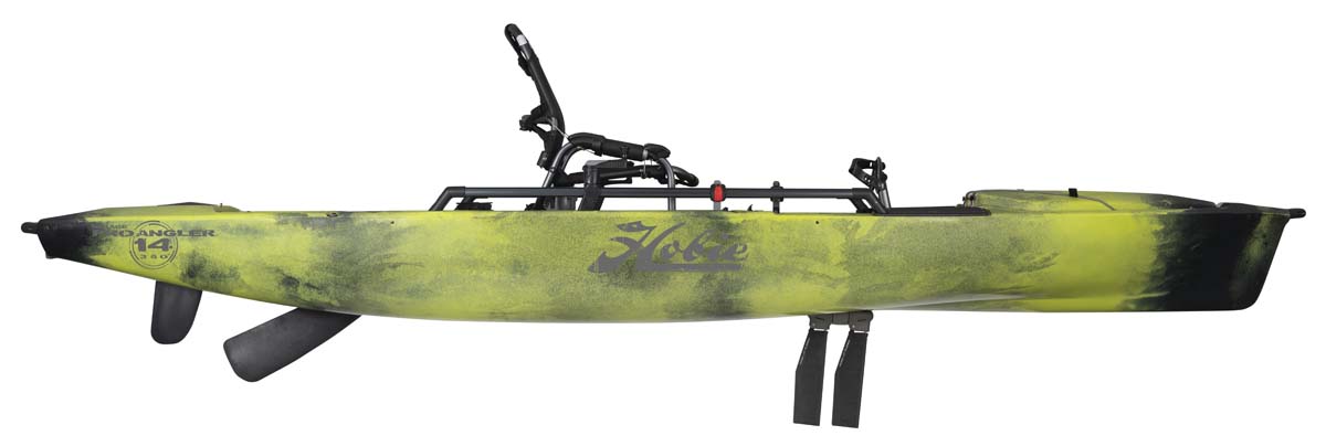 Kayak de pêche à propulsion homologué mer et CE Hobie Mirage ProAngler 14 360 de couleur camouflage vert amazone vue de côté