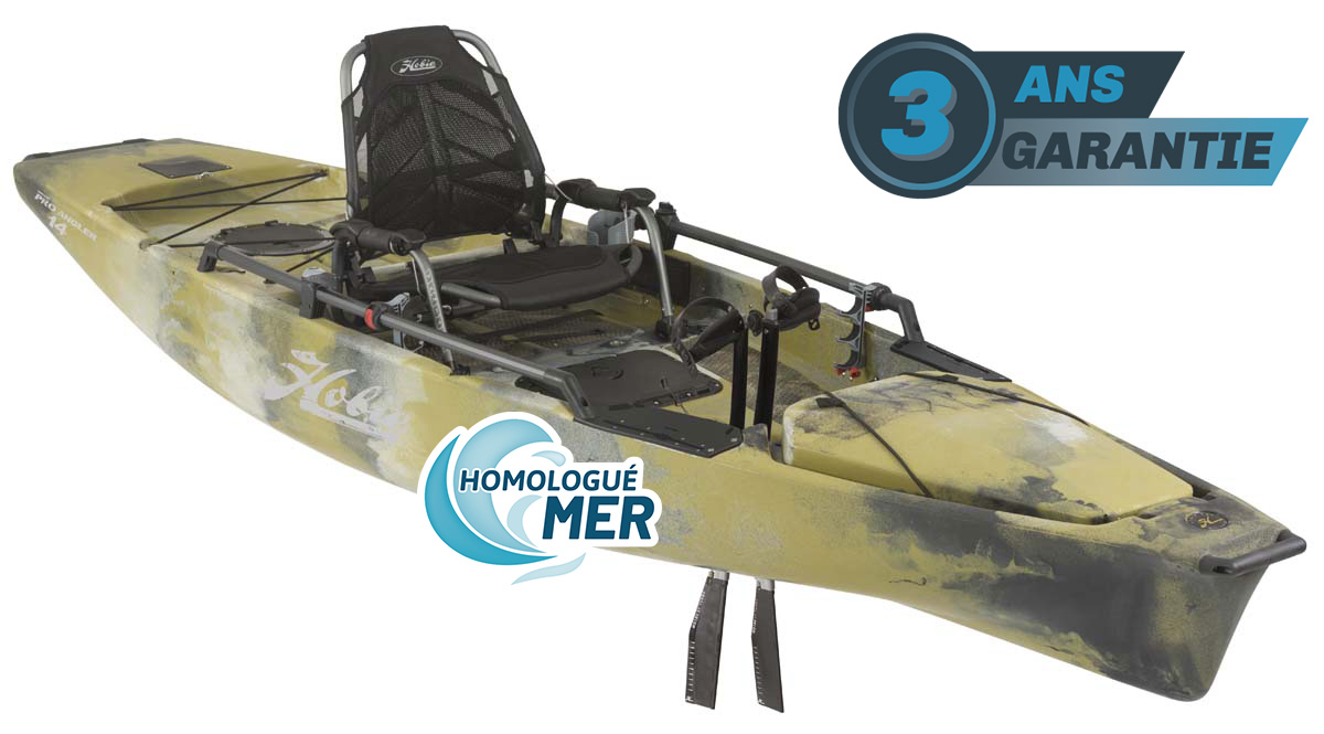 Kayak de pêche à propulsion homologué mer et CE Hobie Mirage ProAngler 14 de couleur camouflage vert vue de 3/4 garantie 3 ans propulsekayak