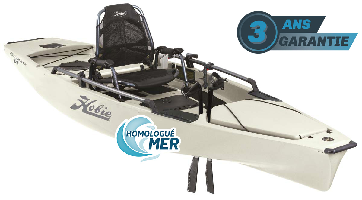 Kayak de pêche à propulsion homologué mer et CE Hobie Mirage ProAngler 14 de couleur Dune vue de 3/4 garantie 3 ans propulsekayak