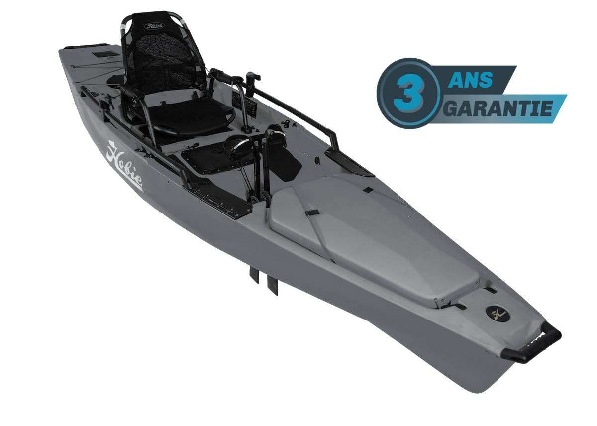 Kayak de pêche à propulsion homologué mer Hobie Mirage Pro angler 14 couleur battleship gris vue de 3/4 homologué CE