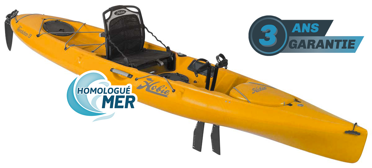Kayak de pêche et loisir à propulsion homologué mer et CE Hobie Mirage Révolution_13 couleur orange papaye vue de 3/4 garantie 3 ans propulsekayak