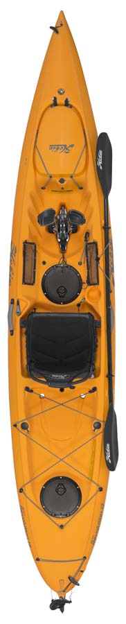 Kayak de pêche et loisir à propulsion homologué mer et CE Hobie Mirage Révolution_13 couleur orange papaye vue de dessus