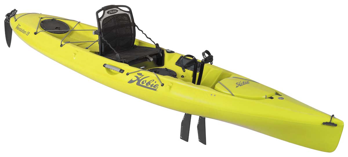 Kayak de pêche et loisir à propulsion homologué mer et CE Hobie Mirage Révolution_13 couleur vert seagrass vue de 3/4