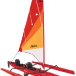 Kayak de loisir à propulsion homologué mer et CE Hobie Mirage Tandem Island couleur rouge hibiscus vue de 3/4 bi-places 2 personnes avec voile trimaran