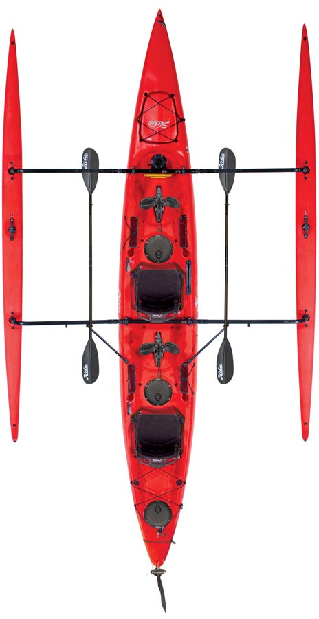 Kayak de loisir à propulsion homologué mer et CE Hobie Mirage Tandem Island couleur rouge hibiscus vue de dessus bi-places 2 personnes avec voile trimaran