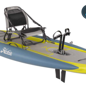 Kayak gonflable à propulsion qui ressemble à un paddle Hobie Mirage iTrek_11 de couleur bleu et jaune vue de 3/4 garantie 2 ans