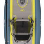 Kayak gonflable à propulsion qui ressemble à un paddle Hobie Mirage iTrek_11 de couleur bleu et jaune vue de dessus