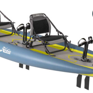 Kayak gonflable à propulsion qui ressemble à un paddle Hobie Mirage iTrek_14 de couleur bleu et jaune 2 places Tandem bi-places 2 personnes vue de 3/4 garantie 2 ans