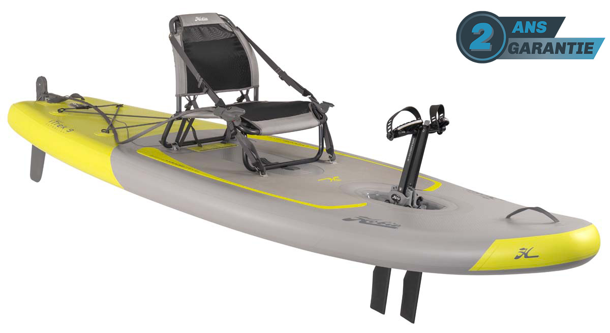 Kayak gonflable à propulsion qui ressemble à un paddle Hobie Mirage iTrek_9 de couleur gris et jaune vue de 3/4 garantie 2 ans