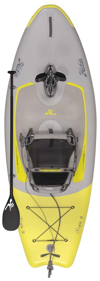 Kayak gonflable à propulsion qui ressemble à un paddle Hobie Mirage iTrek_9 de couleur gris et jaune vue de dessus