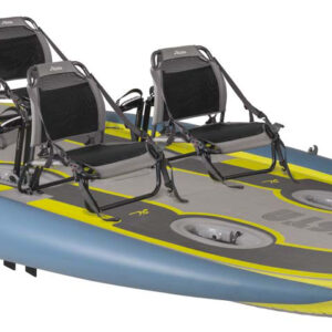 Kayak gonflable à propulsion qui ressemble à un paddle Hobie Mirage iTrek_Fiesta de couleur bleu et jaune 4 places pour la famille et les amis vue de 3/4 garantie 2 ans