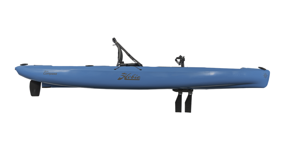 Kayak de pêche à propulsion homologué mer Hobie Mirage Compass couleur bleu glacier vue côté homologué CE